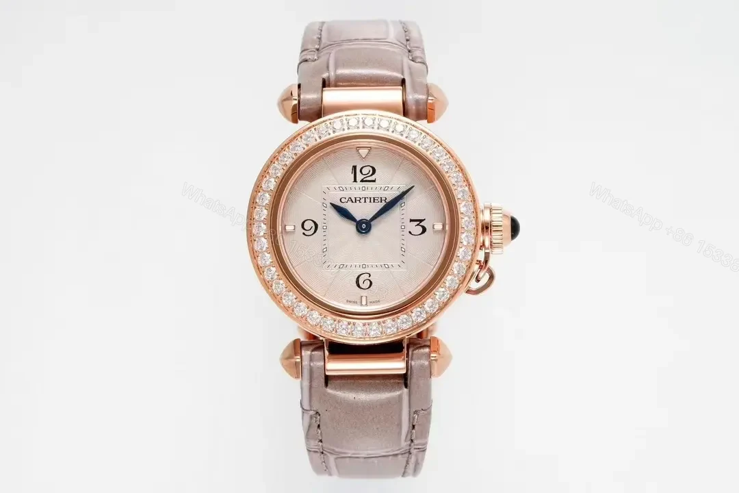 JF Factory Cartier Pasha de Cartier Women’s Watch – 30mm Rose Gold with Diamond Bezel, Blue Steel Hands, and Quick Release Leather Strap — view 1