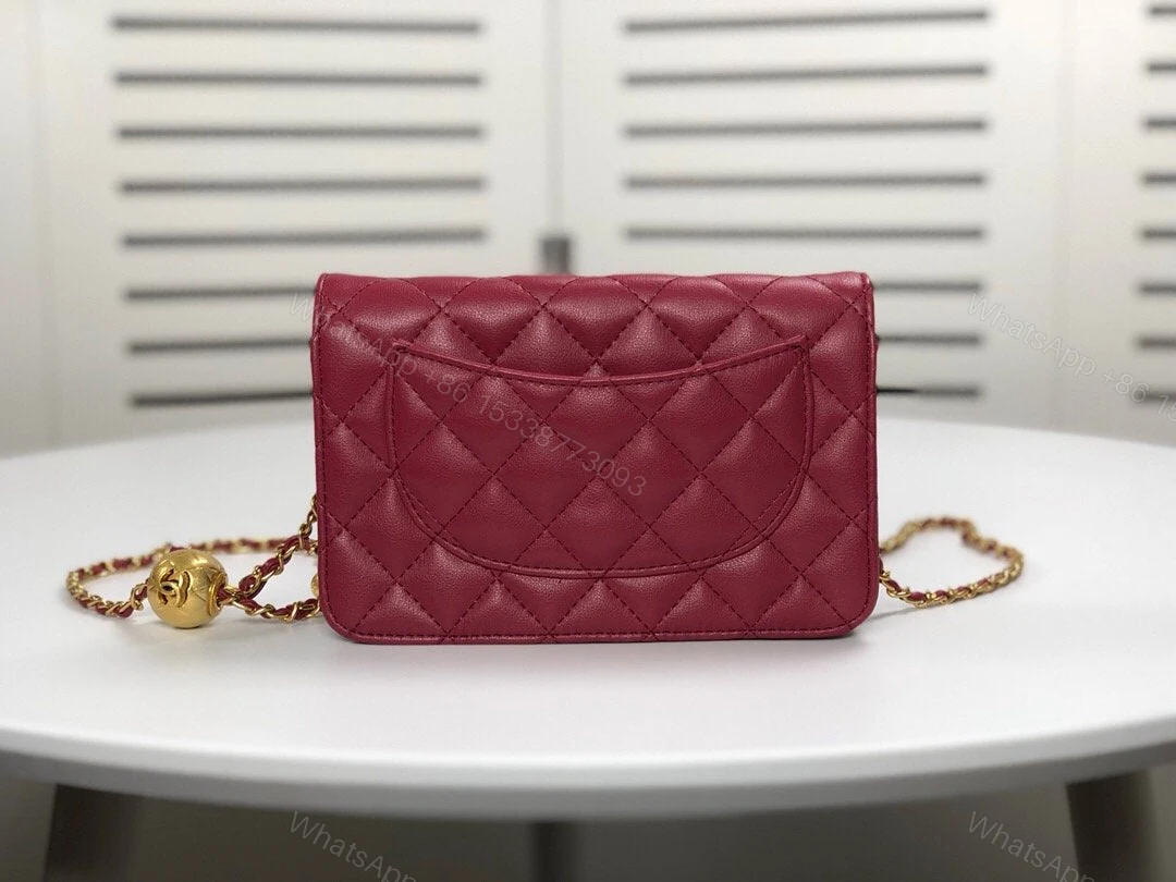 View 9 of WALLET ON CHAIN Grained Shiny Calfskin & Gold-Tone Metal Dark Burgundy