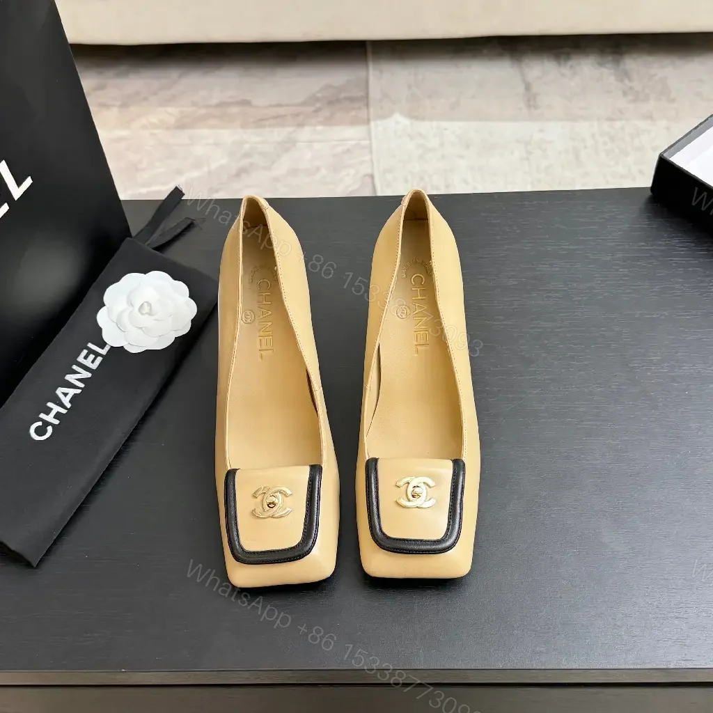 View 5 of Beige Leather Block-Heel Pumps with Hardware Details