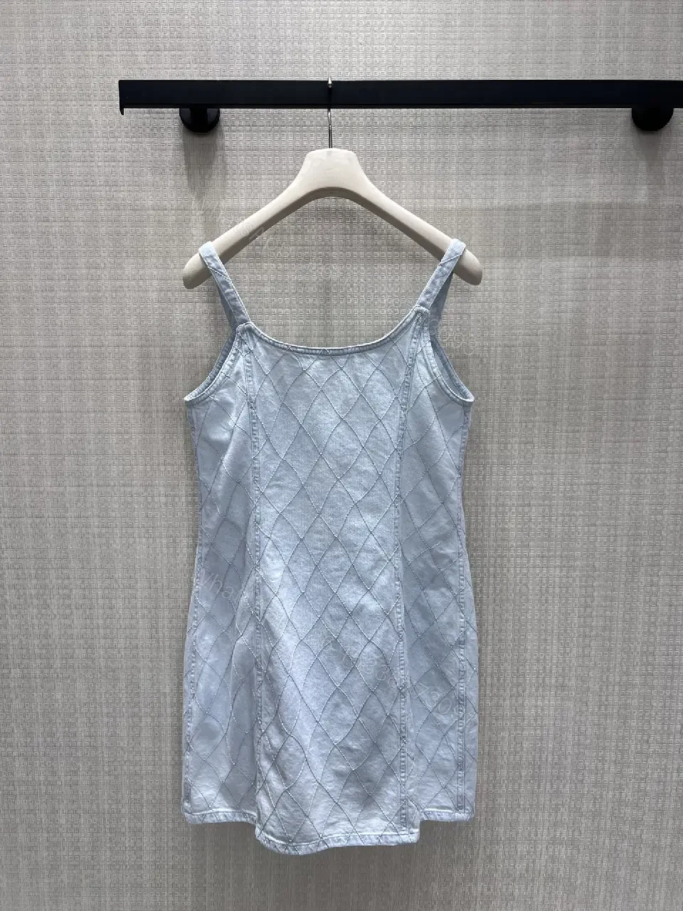 View 10 of Light blue quilted denim dress with diamond pattern, button-front, premium everyday luxury