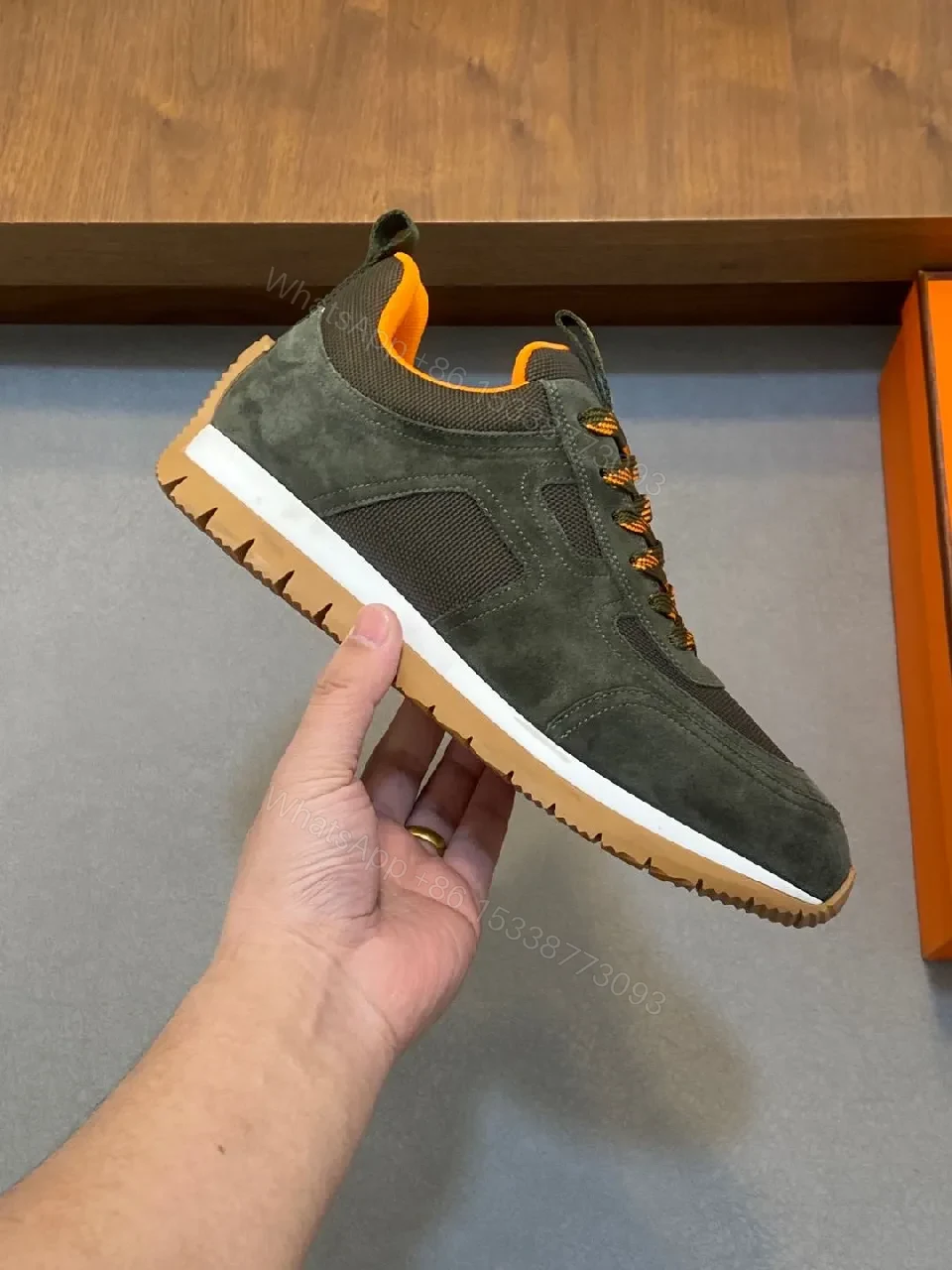 View 2 of Dark Olive Suede & Mesh Sneakers – Low-Profile Chevré Neon Accent