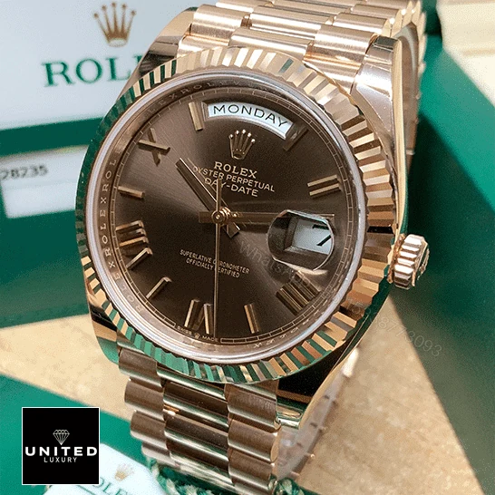 View 9 of Rolex Day Date 228235 Rose Gold Chocolate Roman Dial Replica