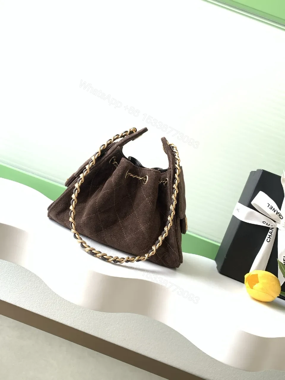 View 8 of Brown Velvet Quilted Shoulder Bag with Gold Chain