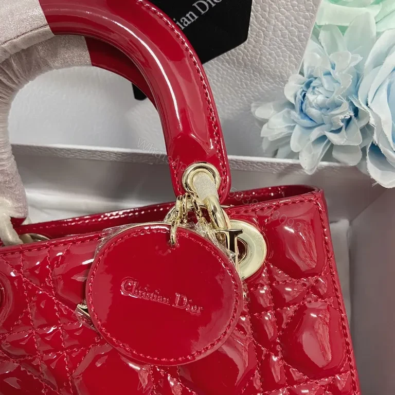 View 8 of Glossy Red Dior-Style Structured Handbag with Gold Hardware