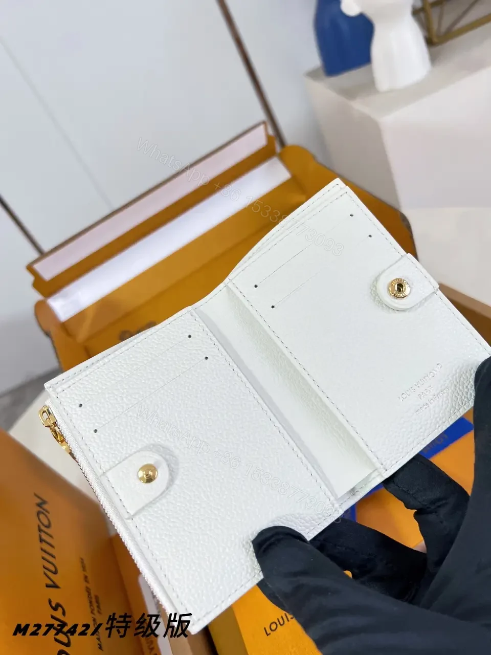 View 3 of Blue Monogram Compact Wallet: Leather, Luxe Minimalist, Secure Zipper