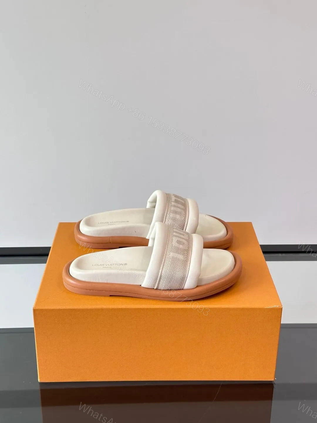 LV Men Beige Fabric Slides With Brown Sole — view 1