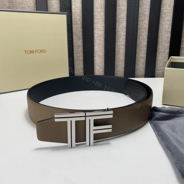 View 6 of Taupe Full-Grain Leather Belt with Signature TF Buckle