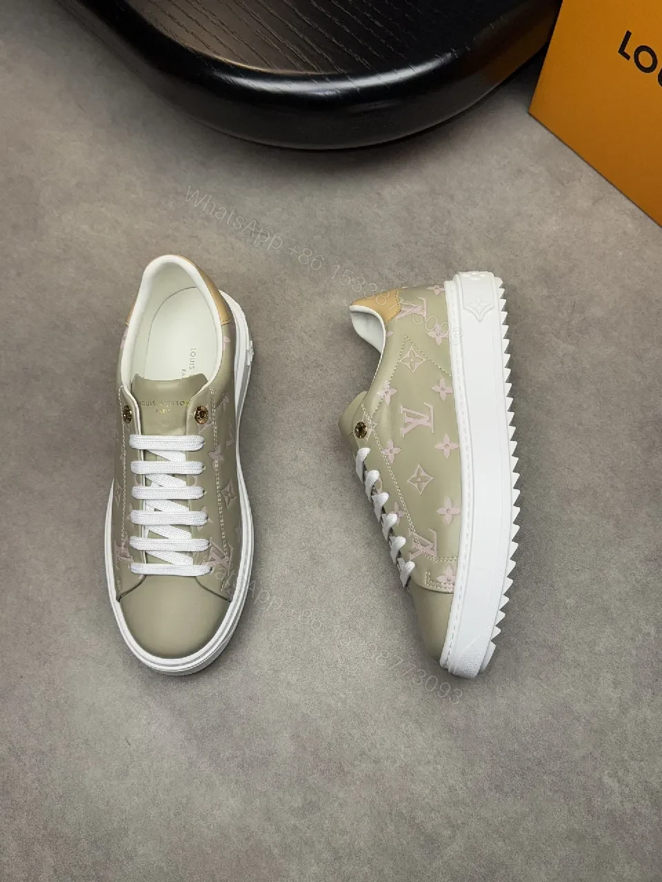View 2 of Taupe Monogram-Accent Low-Top Sneakers with Subtle Shine