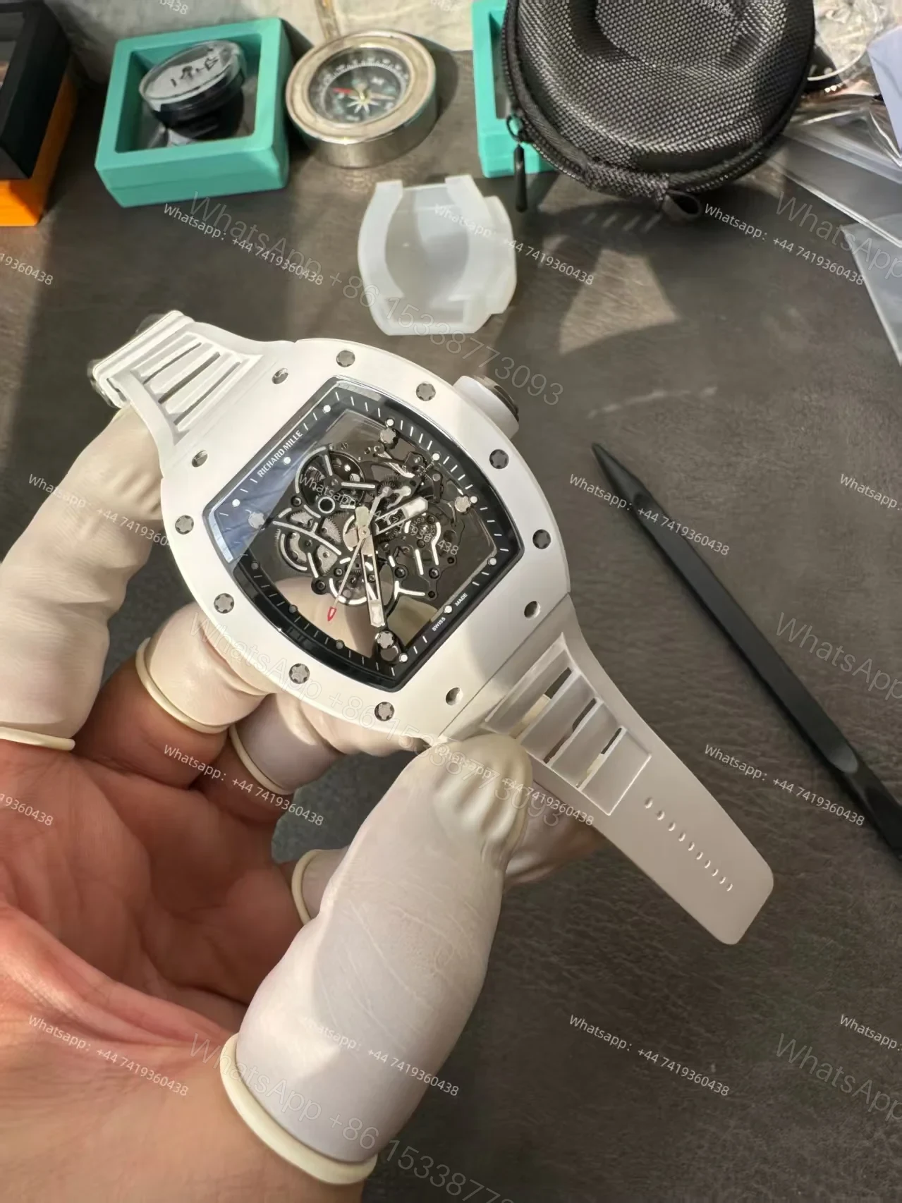 View 16 of Richard Mille RM 055 White Ceramic Skeleton Vaucher Free-Sprung Movement White Rubber Strap Custom Super Clone