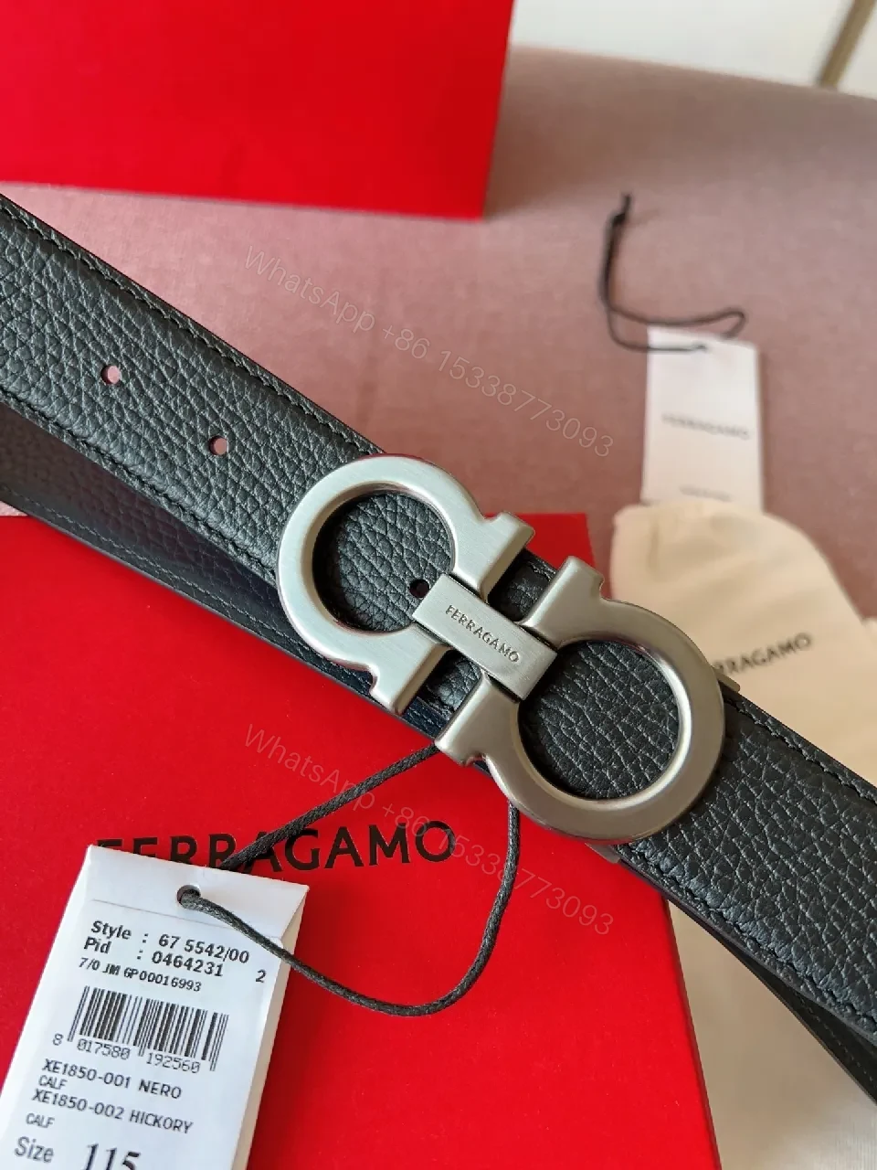 View 7 of Pebble Leather Belt with Bold Ferragamo-Style Buckle, Black, 1.5"