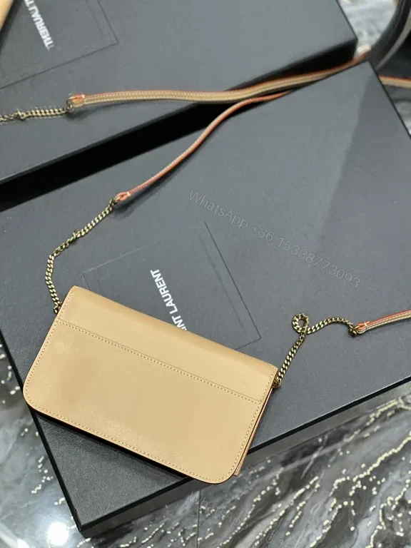 View 6 of Chic Beige Leather Crossbody with Gold Emblem