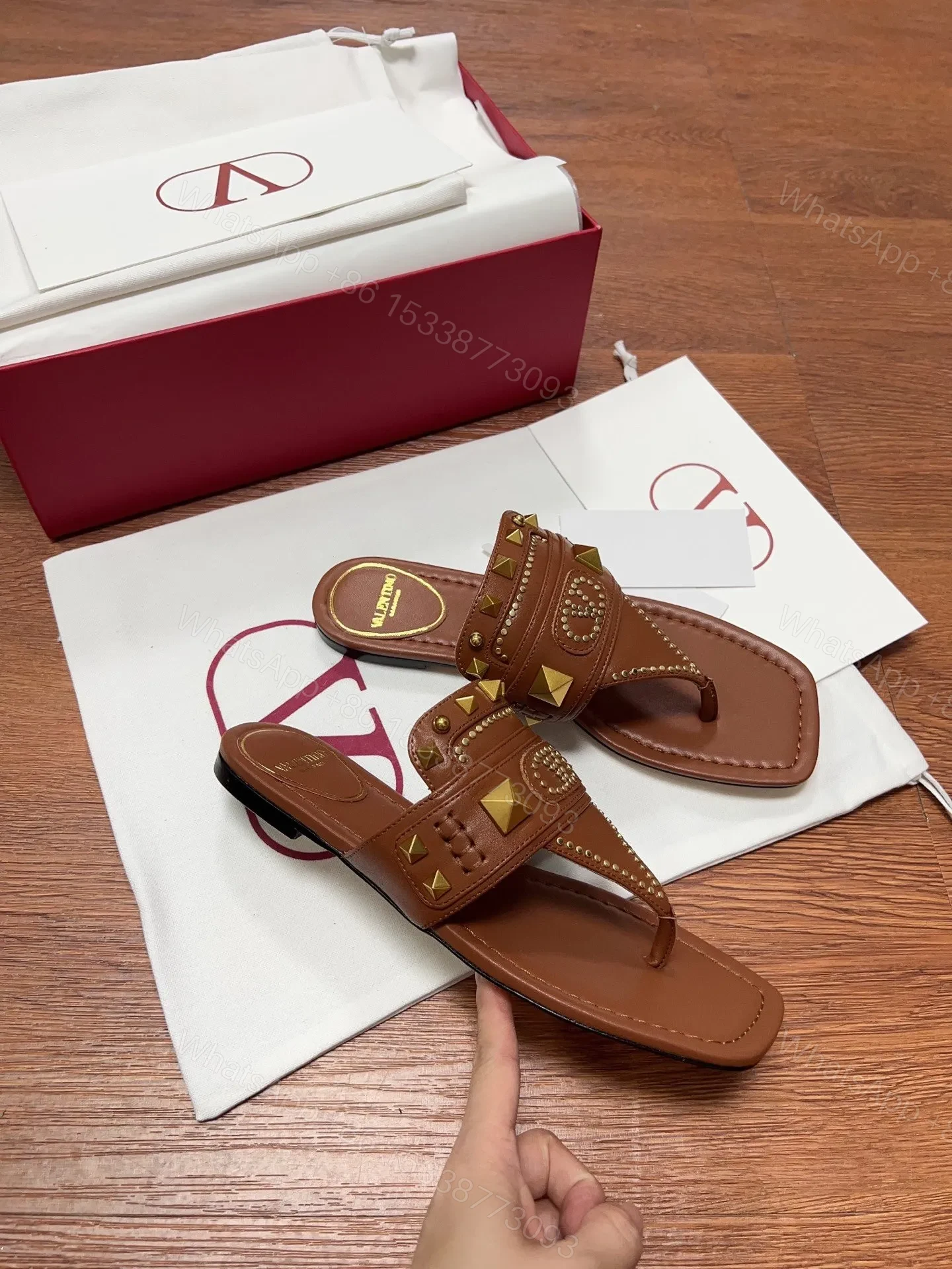 View 3 of Valentino Women Brown Leather Studded Sandals