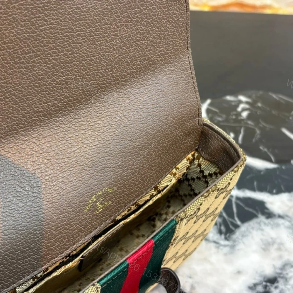 View 8 of Gucci Horsebit 1955 Small Shoulder Bag GG Canvas Sand And Brown 21cm