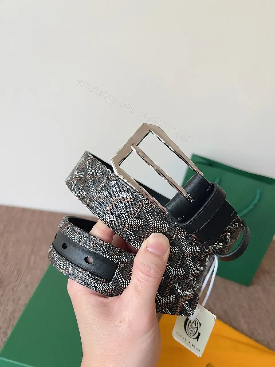 View 4 of Textured Leather Belt with Signature Hardware, Slim Webbing buckle