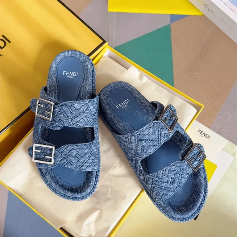 View 3 of Denim-Texture Sandals with Fendi Detail â€“ Luxury Comfort Menâ€TMs