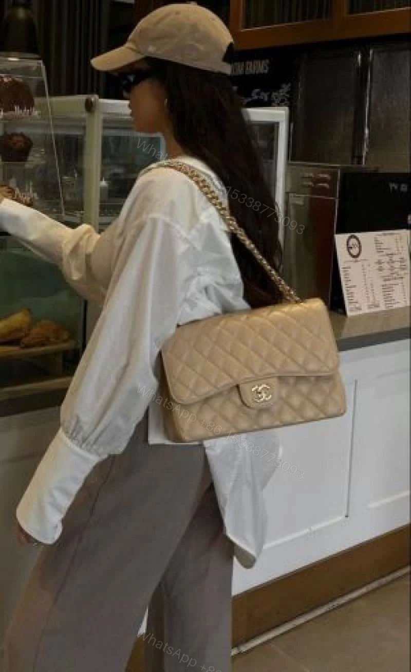 View 4 of First Copy Beige Quilted Luxury Shoulder Bag With Gold Chain Strap And Premium Finish