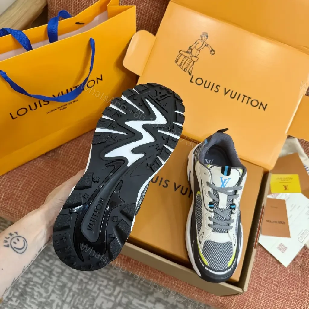 View 8 of Black Grey Mesh Runner Sneakers with Neon Accents, Louis Vuitton Style, Men's/Unisex