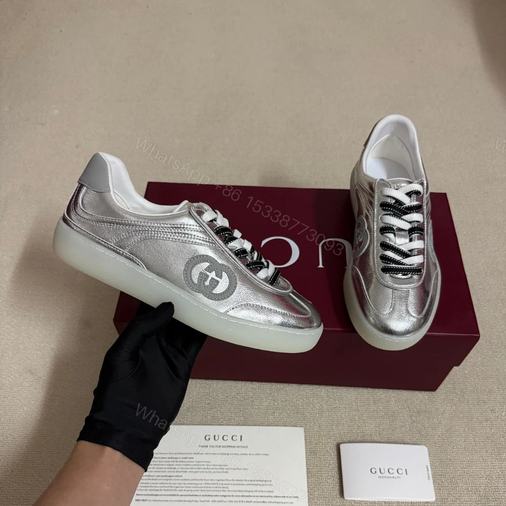 View 2 of Gucci Women G75 Sneaker Silver Textured