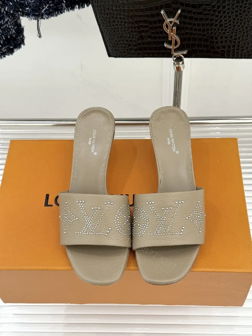 View 5 of Textured Taupe Slip-On Sandals – Lux Comfort, Subtle LV Style