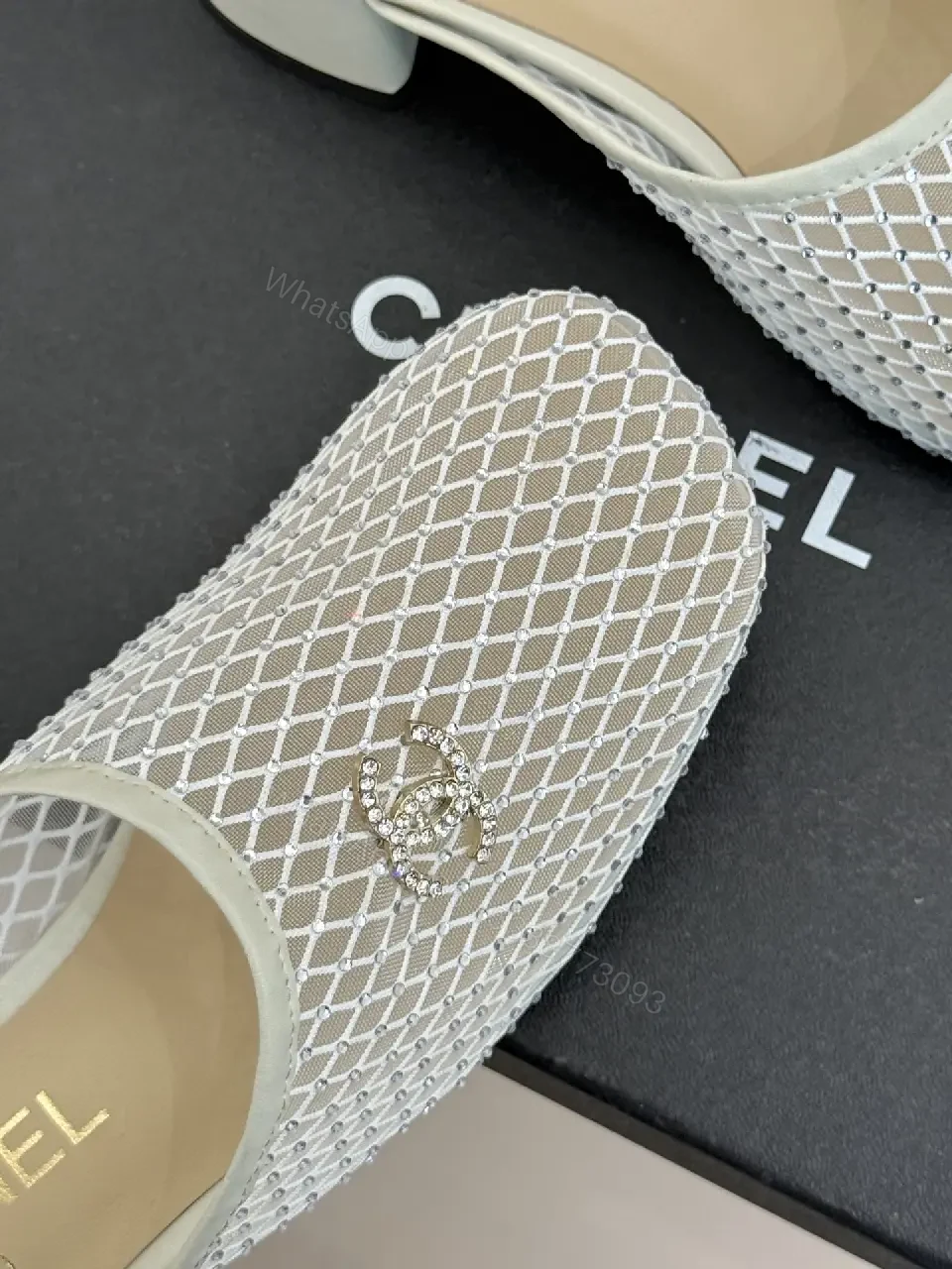 View 4 of White Mesh Mules Silver Heel Classic Chanel Style Slippers