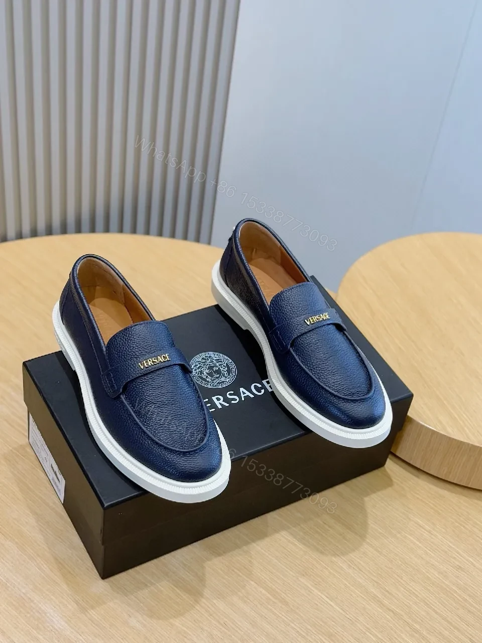 Navy Leather Slip-On Loafers with Gold Branding — view 1
