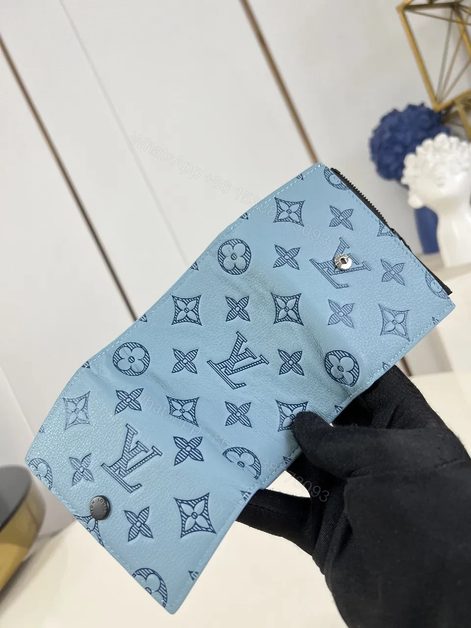 View 2 of Light Blue Monogram Compact Wallet — Sleek Snap Closure Luxury