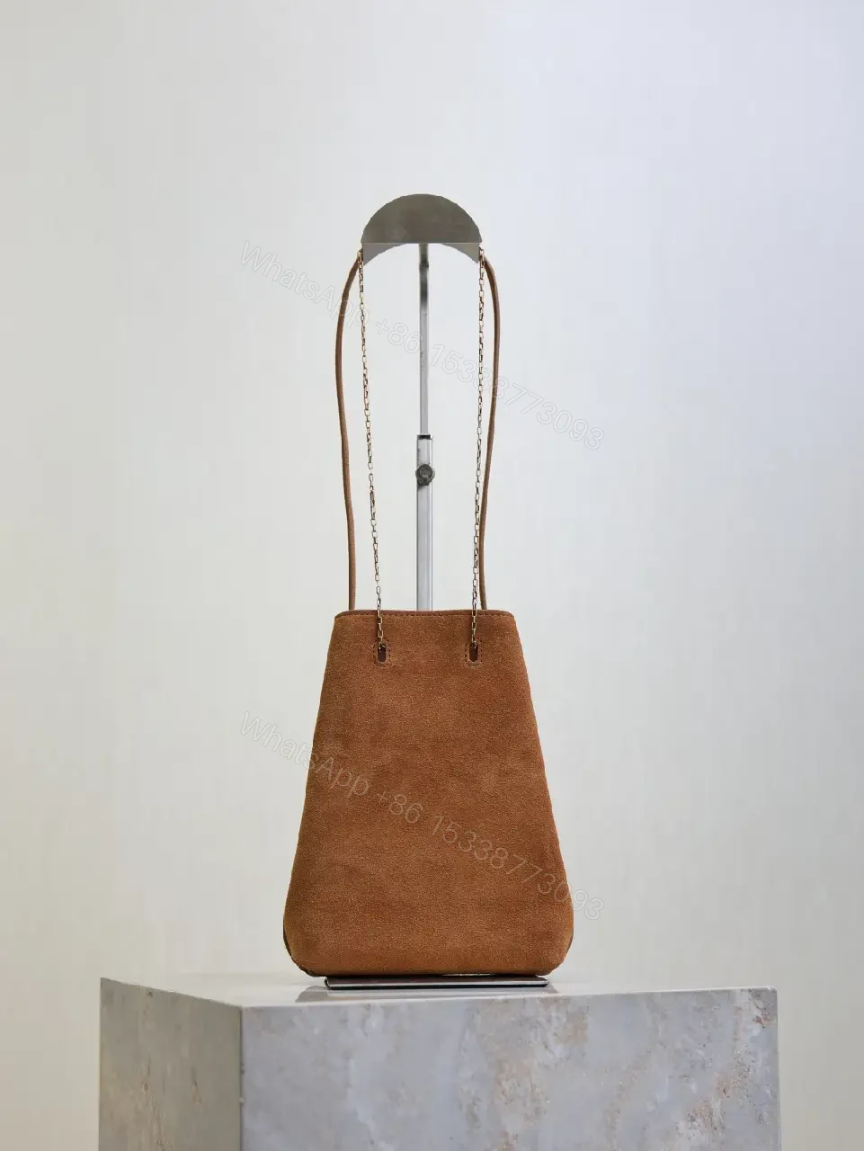 View 6 of Brown suede YSL-inspired shoulder bag with gold-tone chain strap