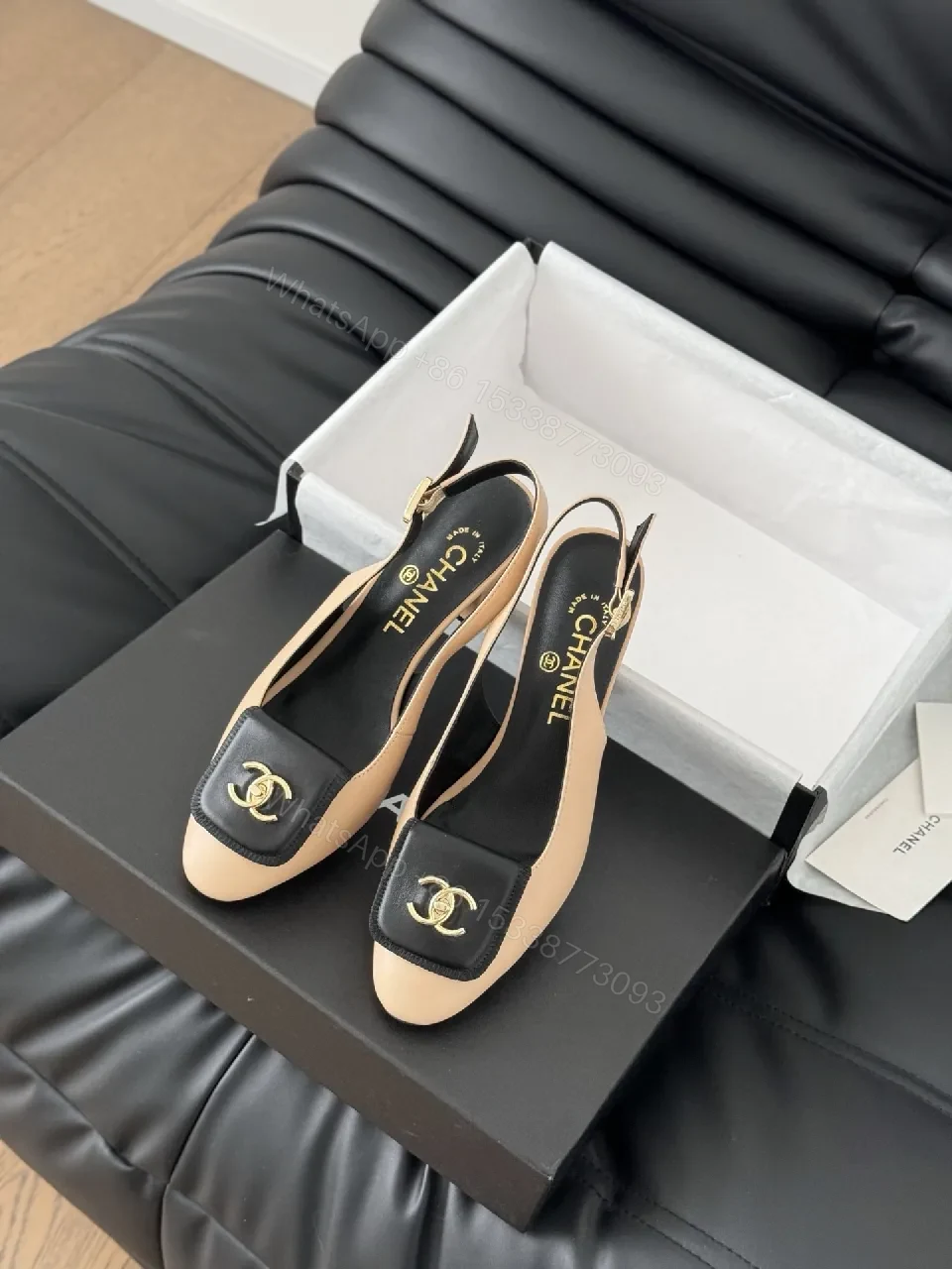View 4 of Nude-Black Two-Tone Leather Slingback Sandals, Luxe Comfort