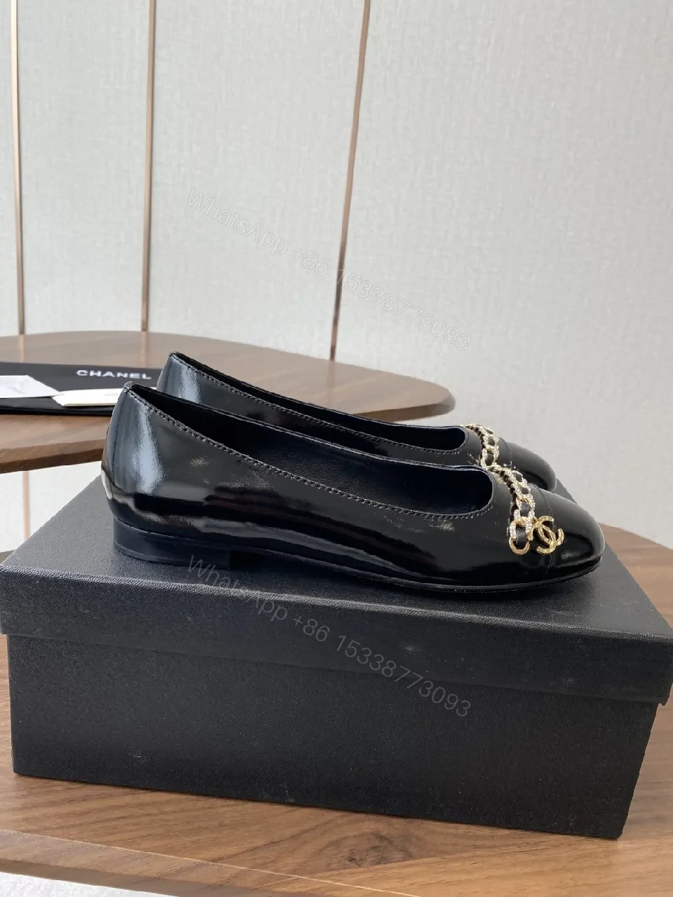 View 7 of Black Leather Ballet Flats with Gold Chain Hardware