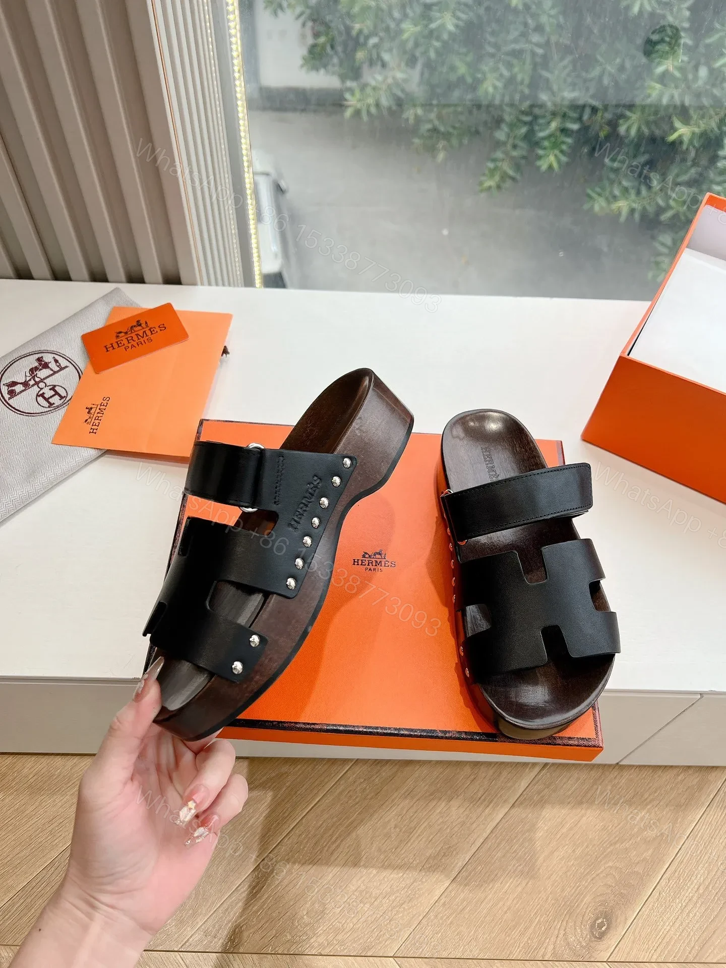 View 6 of Hermes Women Black Leather Strap Sandals