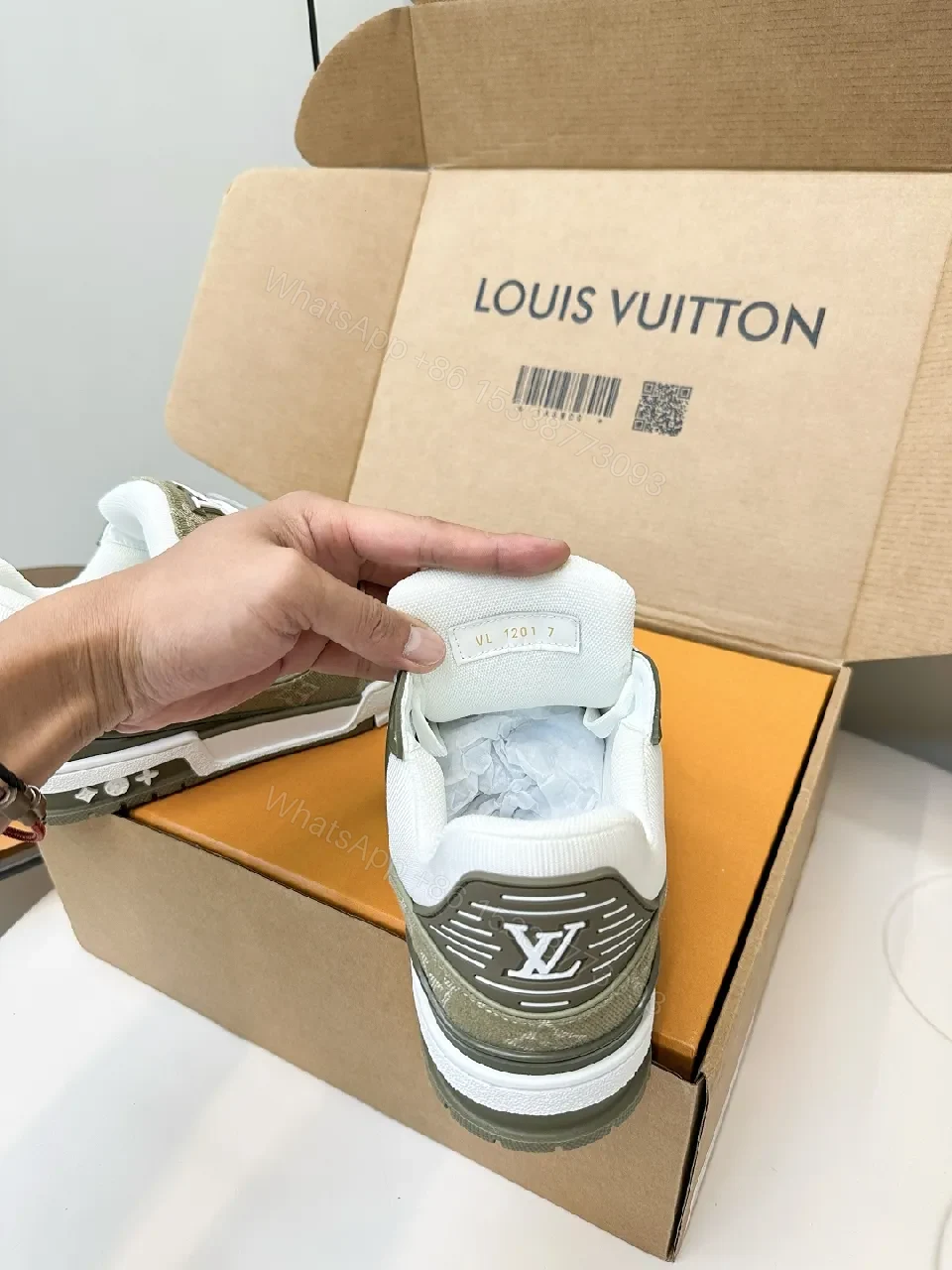 View 4 of White & Olive Luxury Sneakers: Modern Texture, Subtle LV-Inspired Details
