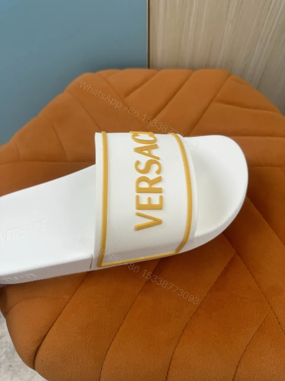 View 9 of White & Yellow Versace-Trim Slide Sandals: Luxe Comfort Sliding