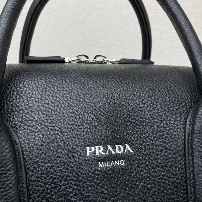 View 5 of Structured Black Pebbled Leather Carryall: Prada-inspired Luxury Tote