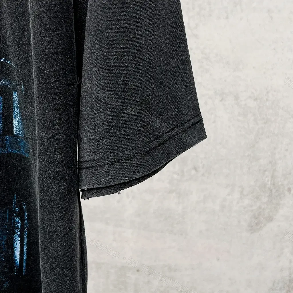 View 7 of Dark Charcoal/Black Oversized Graphic Tee with Yellow Balenciaga Logo
