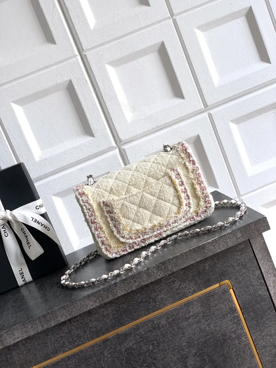 View 3 of Quilted Mini Bag: Ivory-Texture Couture, Floral Edge, Chain