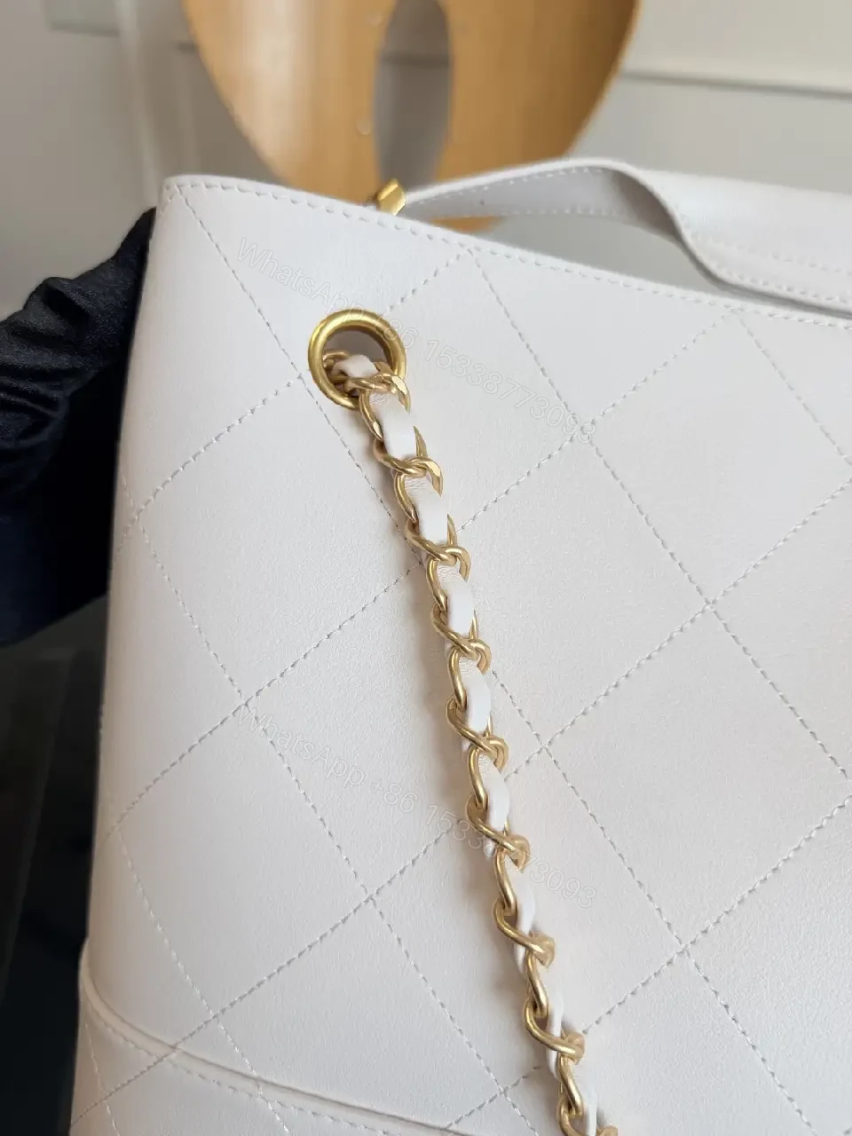 View 6 of White Quilted Tote, Gold Chain, Structured, Luxury Everyday Tote