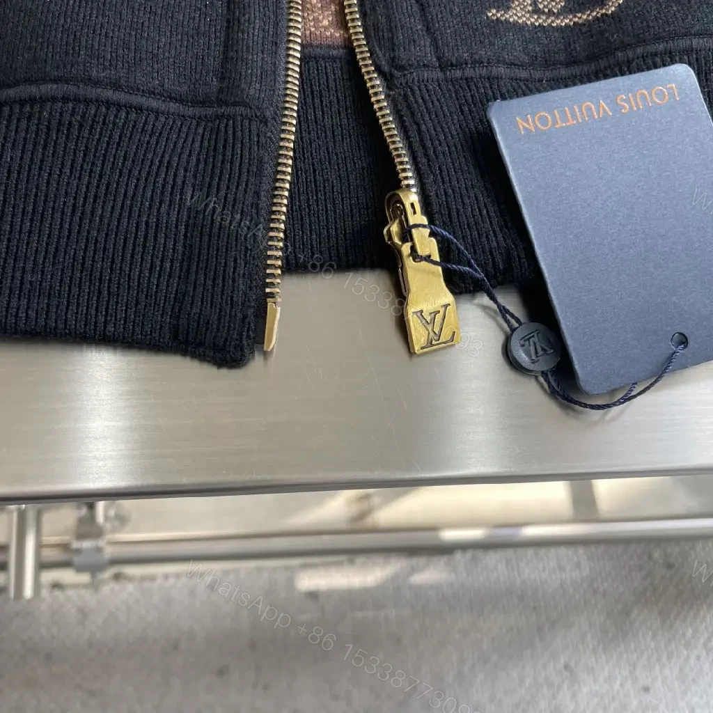 View 6 of Black Zip Hoodie Jacket - Luxury LV-Inspired Accent, Black, Cotton Blend, Modern, Everyday Wear