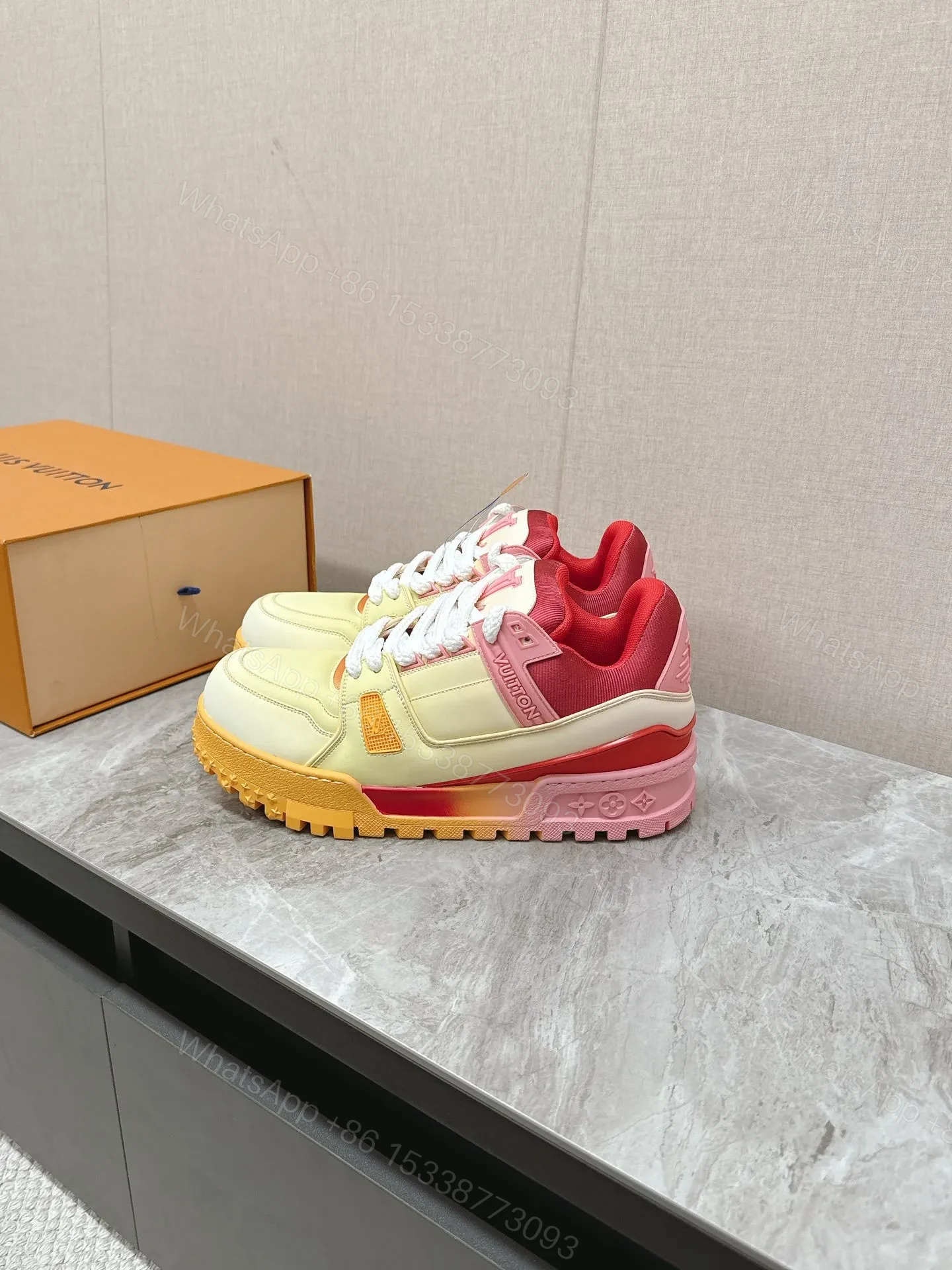 View 5 of LV Women Yellow Leather Orange Accent Sneakers