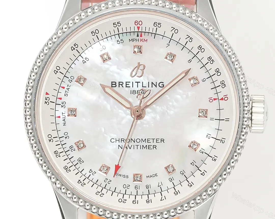 View 3 of OM Factory Breitling Women’s Navitimer Automatic Watch – Pink Leather Strap, White Pearl Dial, Diamond Bezel