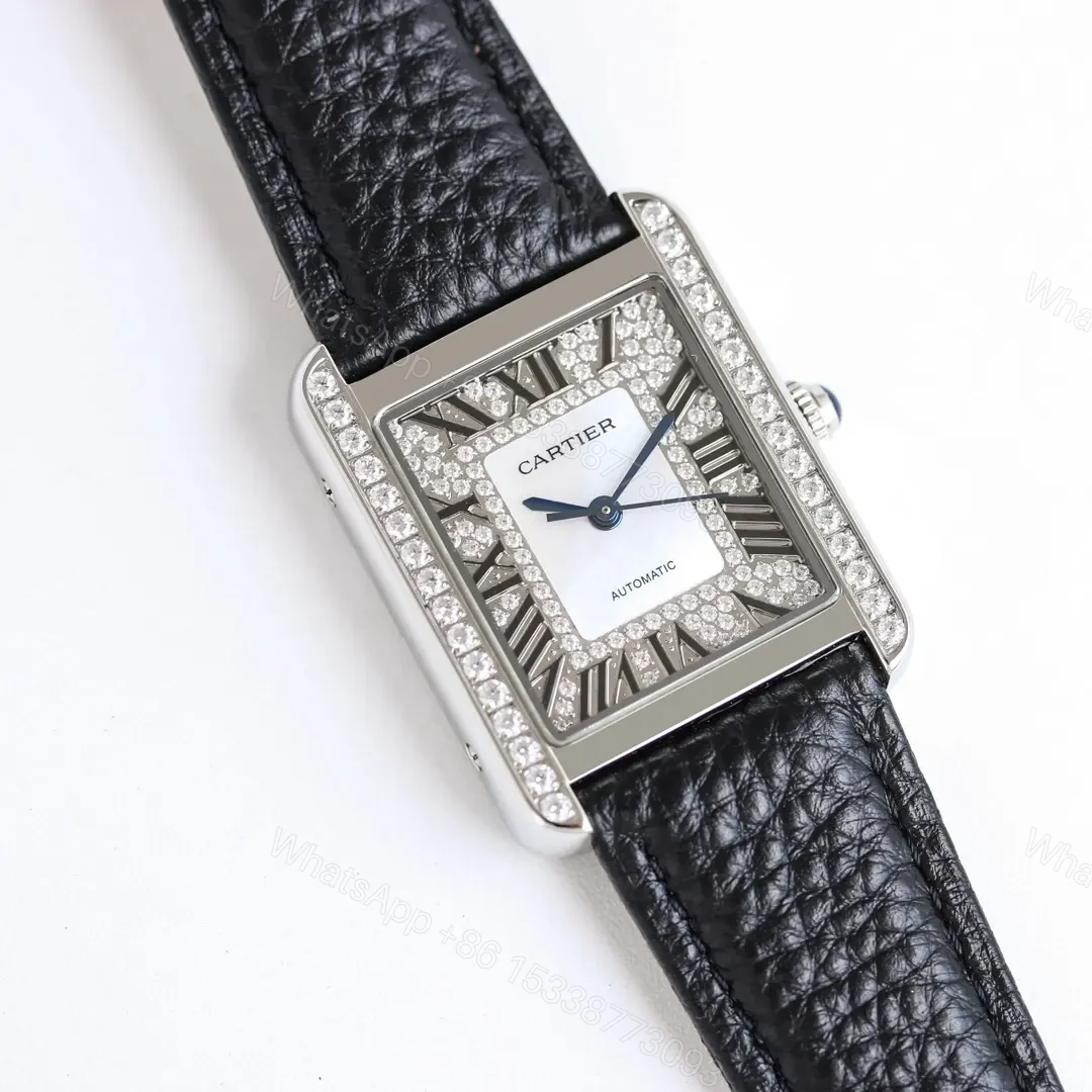 View 8 of AF Factory Cartier Tank MK3 Women’s Automatic Mechanical Watch – Silver with Diamond Bezel, Black Leather Strap