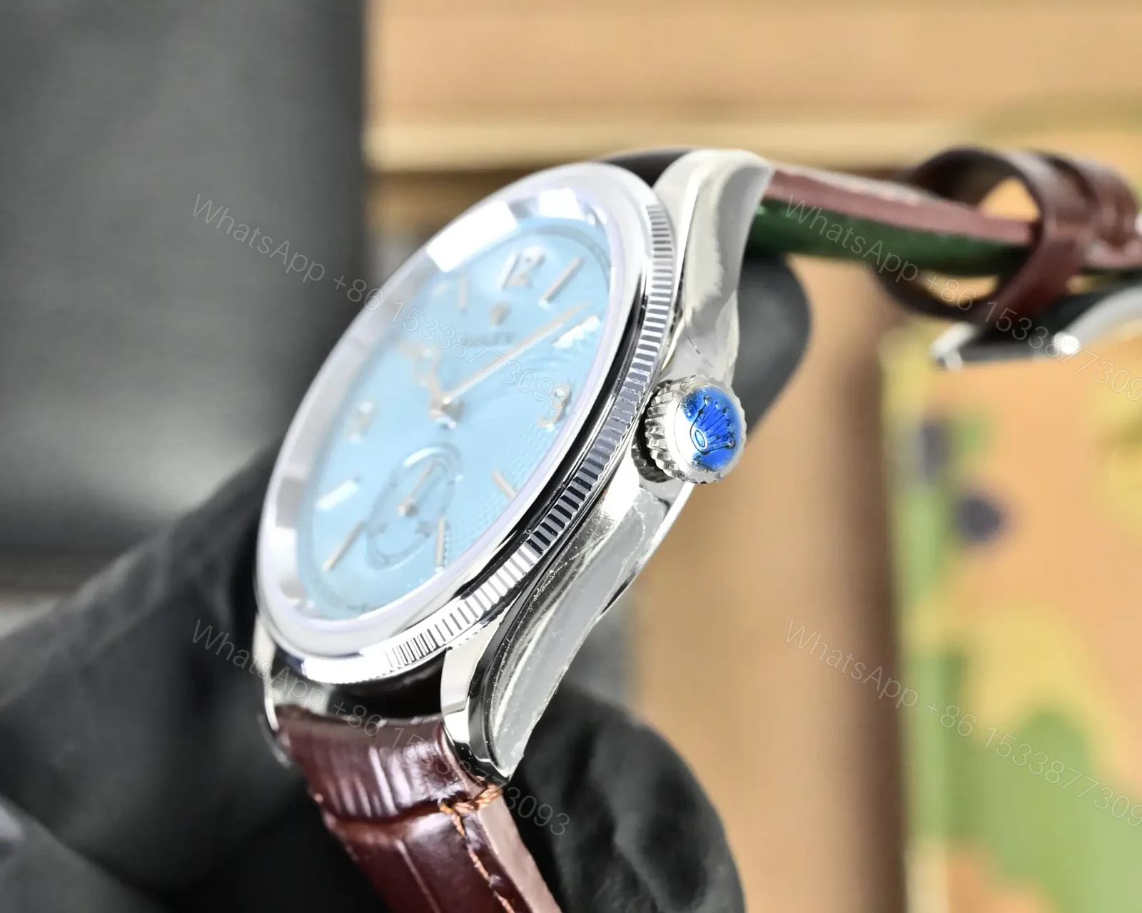 View 5 of Rolex Perpetual 1908 39 Platinum Ice Blue Dial Brown Leather Strap 52506-0002