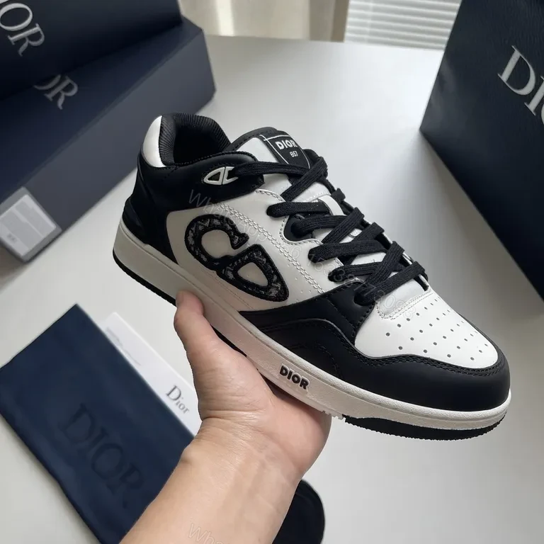 Bold Contrast Leather Sneakers - Dior-Detail Black & White High-Impact Shoes — view 1