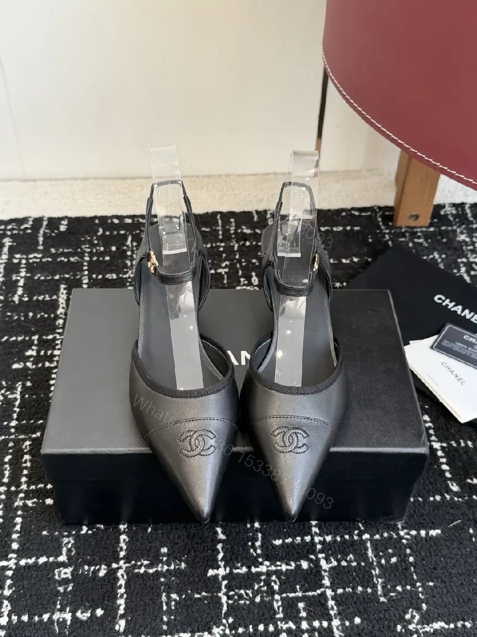 View 4 of Black Leather Sandal Heels with Chanel Logo, Slingback Style