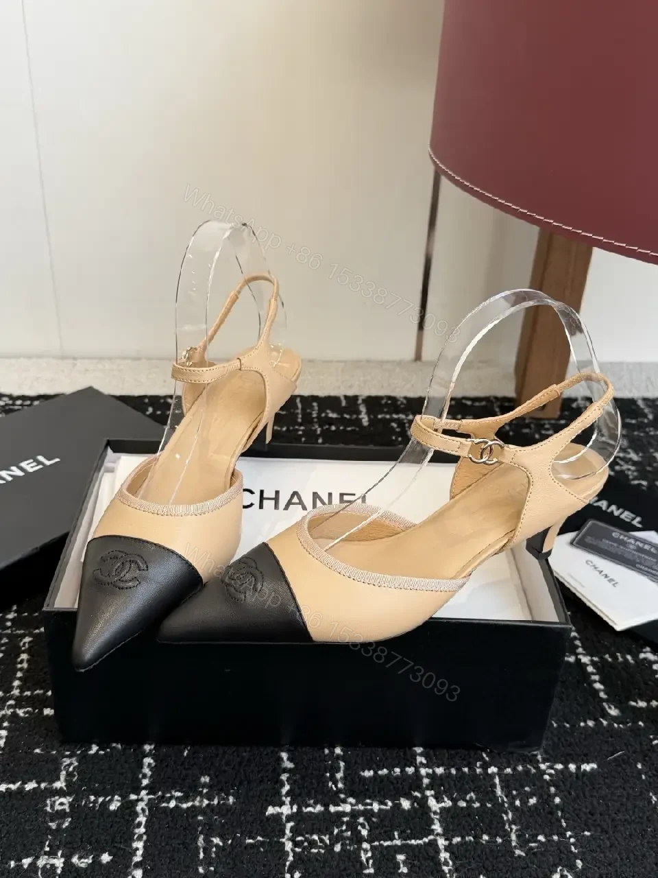 View 7 of Beige & Black Two-Tone Leather Slingback Pump with Chanel Logo