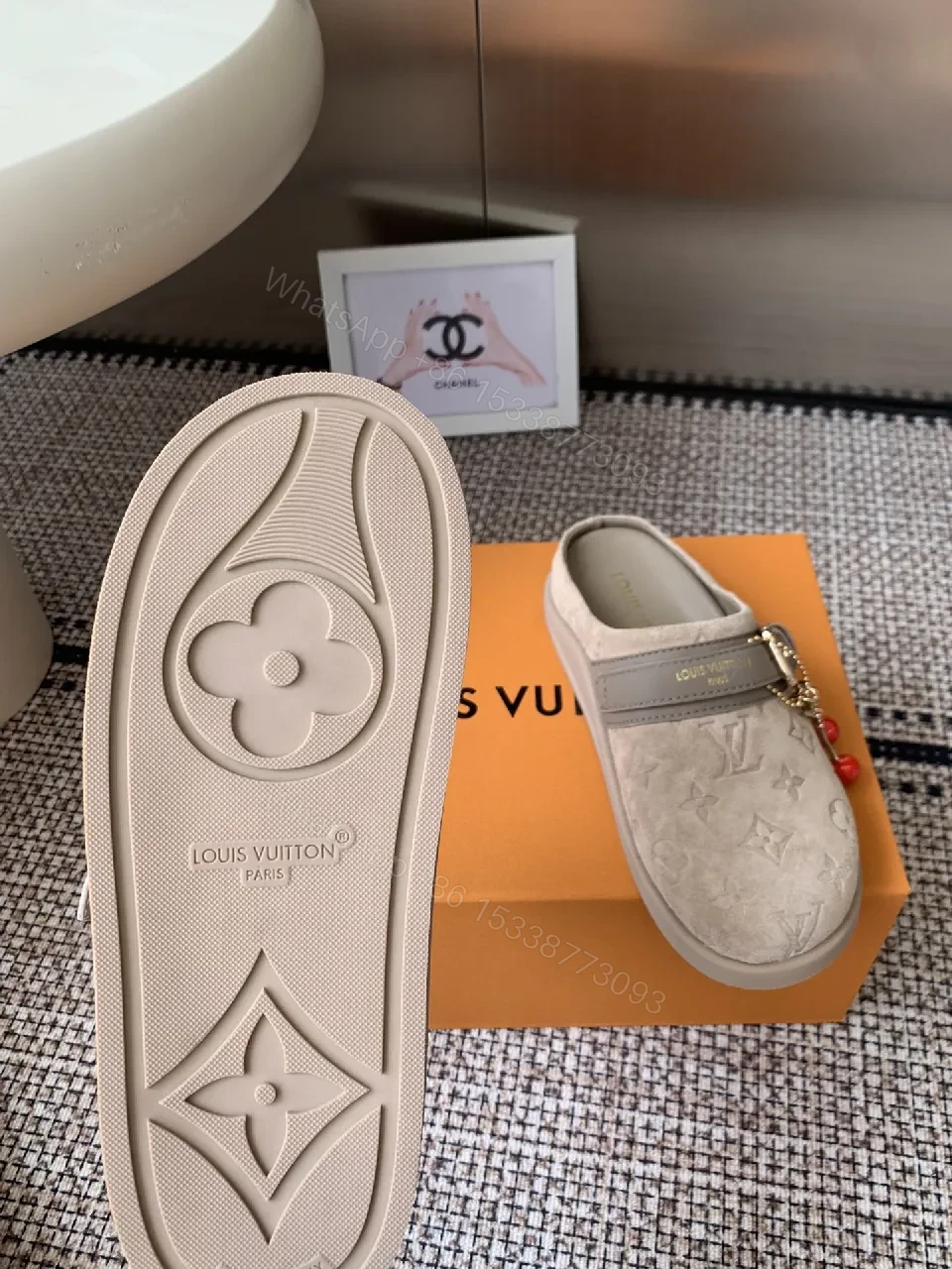 View 8 of Ivory Suede-Look Slip-Ons with Monogram & Charm Designer-Inspired Comfort