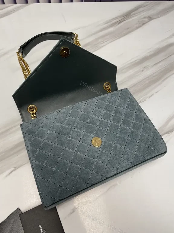View 8 of Chevron-Quilted Suede Shoulder Bag with Gold YSL Hardware