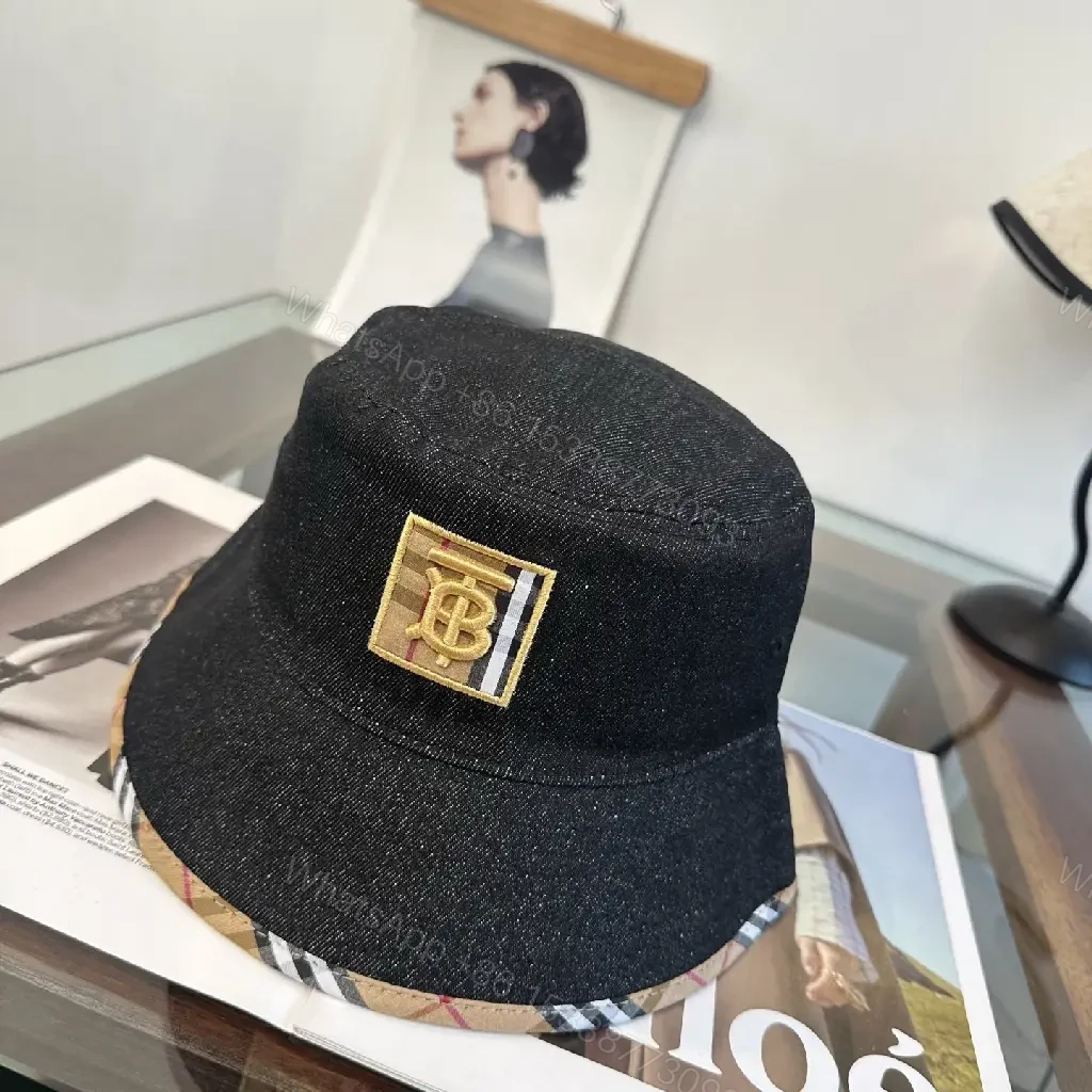 View 3 of Dark Black Denim Bucket Hat with Burberry-Style Band and Gold Emblem