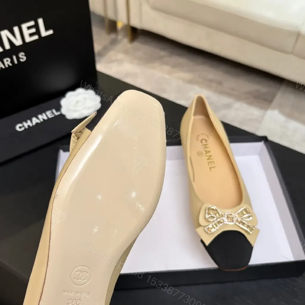 View 4 of Beige Leather Flats with Black-Toe Cap & Crystal Bow