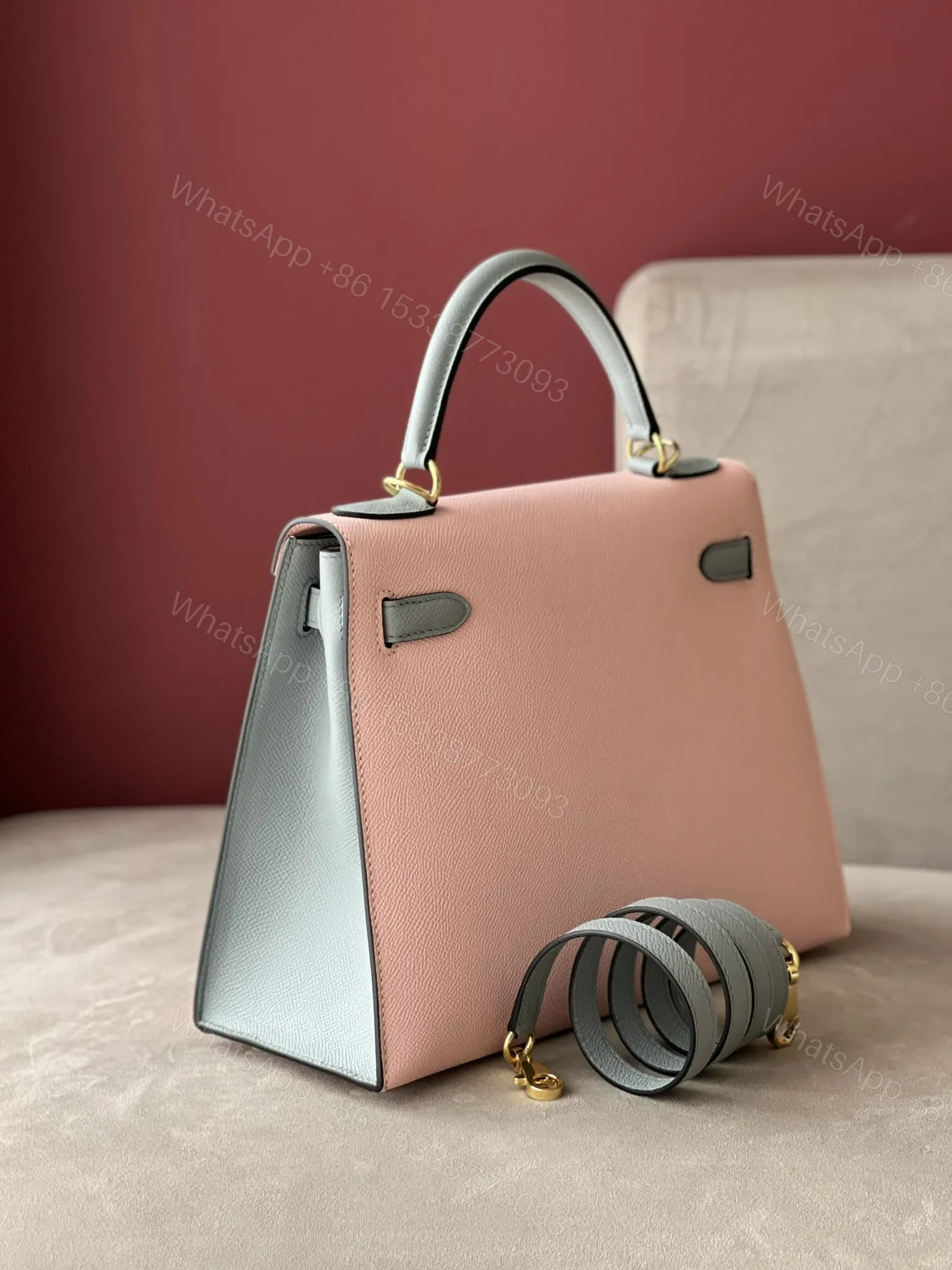 View 7 of HN 25 Rose Sakura & Gris Perle Chèvre Epsom Leather Gold Hardware