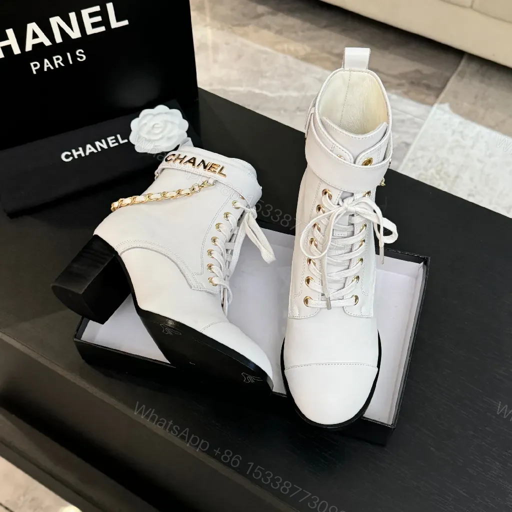 View 8 of White Leather Combat Boots with Gold Chain Detail